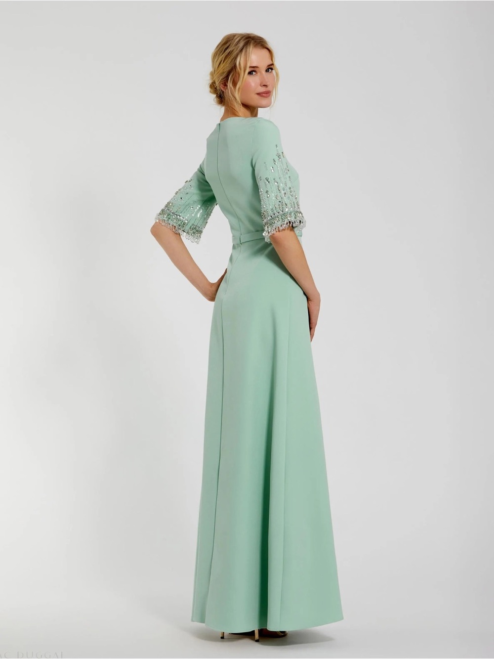 Mac Duggal 2270 Green Crepe A Line Gown With Beaded 3/4 Sleeves Size 16 NWOT - Picture 4 of 10